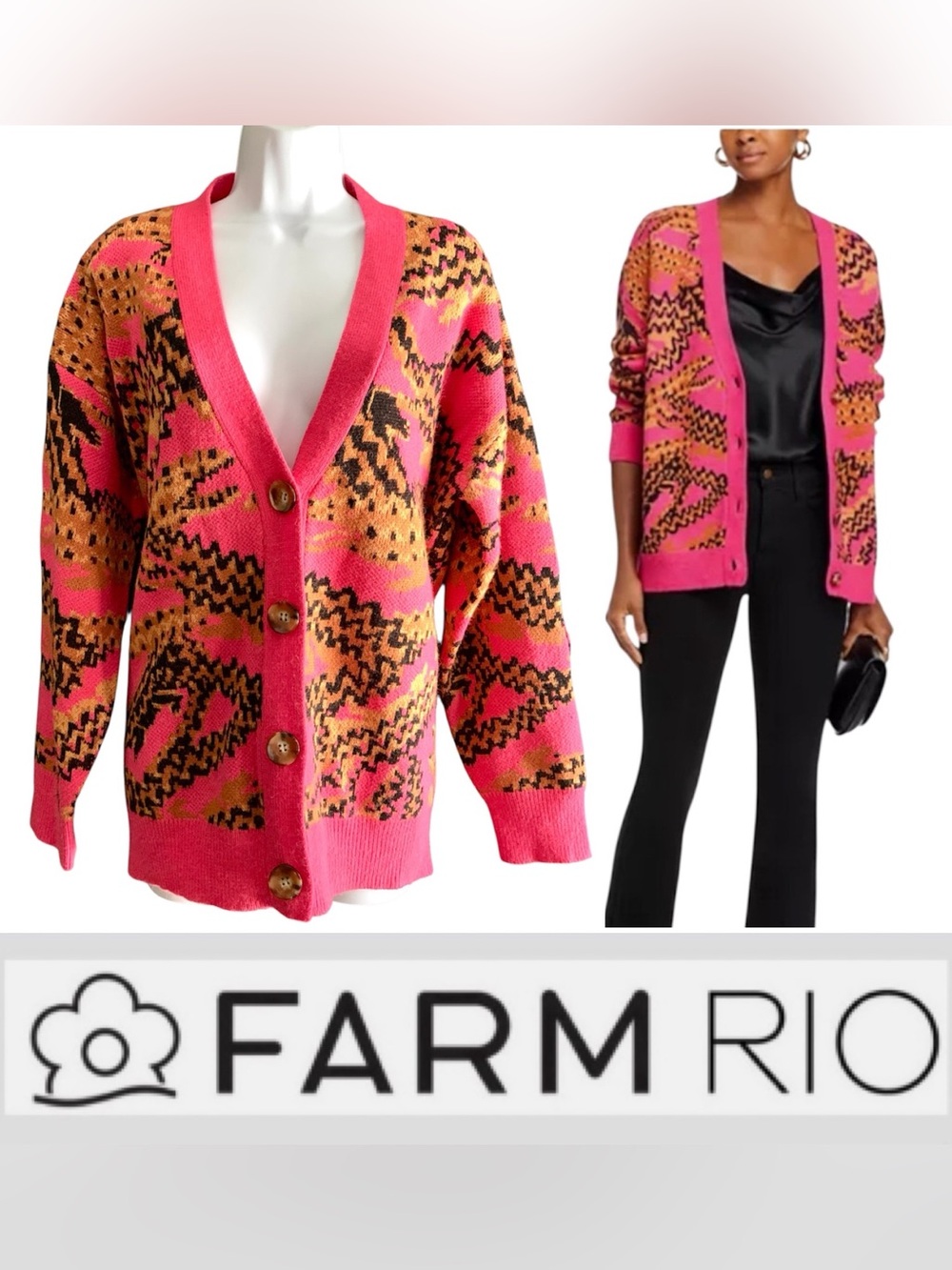 FARM Rio Pink Croco Knit Cardigan Pink/Orange Abstract Button-Front Cardigan- XS